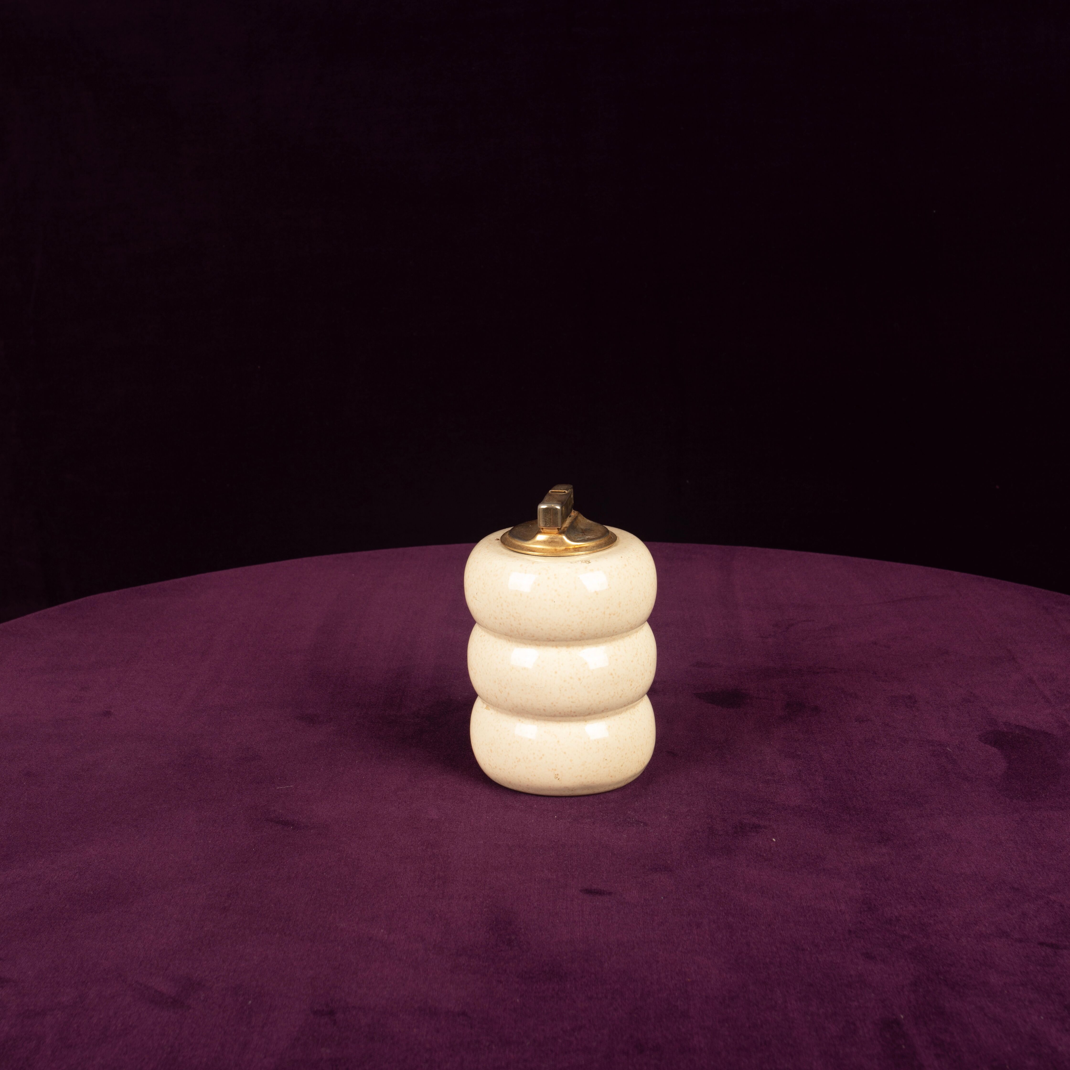 Tommaso Barbi Cream Speckled Ceramic and Brass Table Lighter 1970