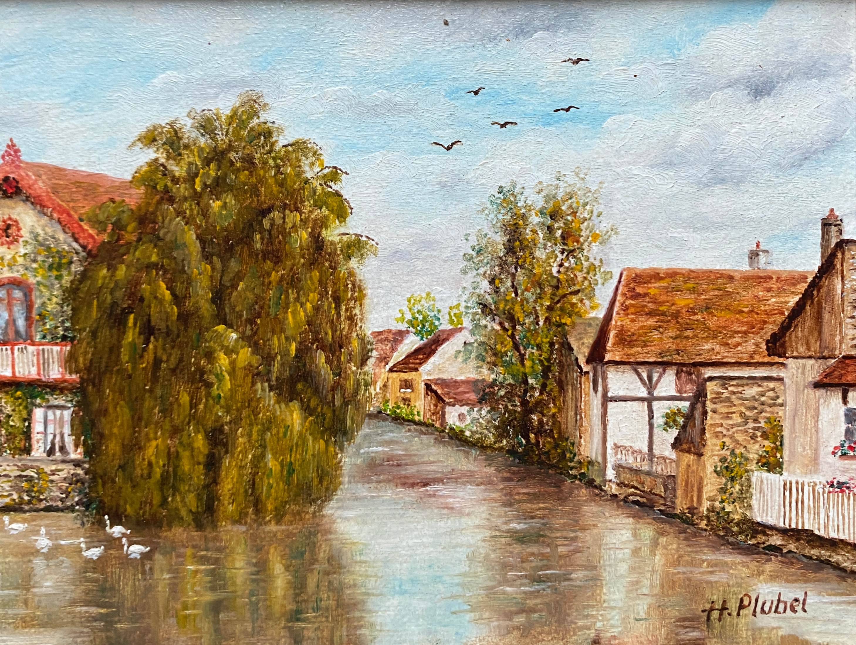 Pendant Paintings HST Henri Plubel (XX°) "View of Mrirebeau dur Bèze" + frame