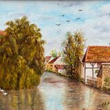 Pendant Paintings HST Henri Plubel (XX°) "View of Mrirebeau dur Bèze" + frame