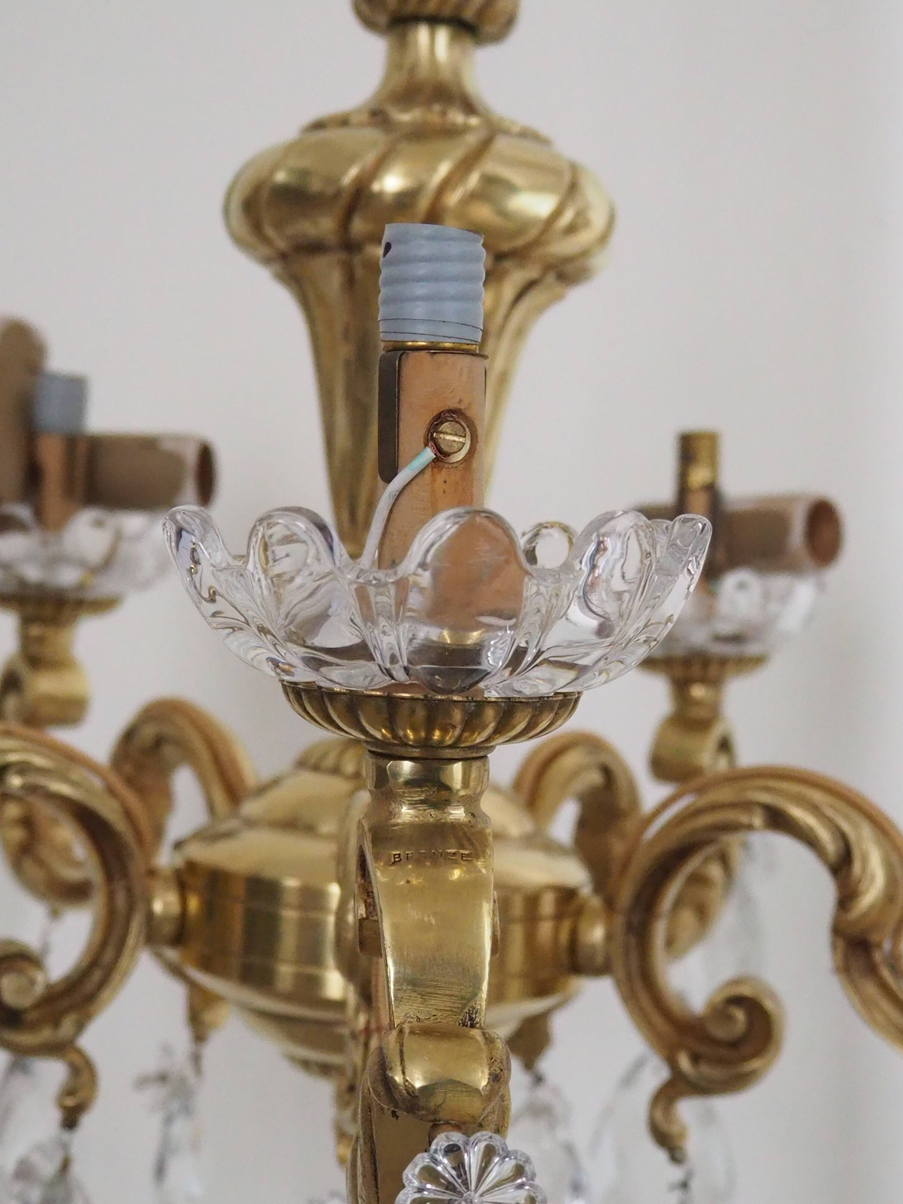 Solid bronze chandelier with crystal pendants and candle holders - Lucien GAU