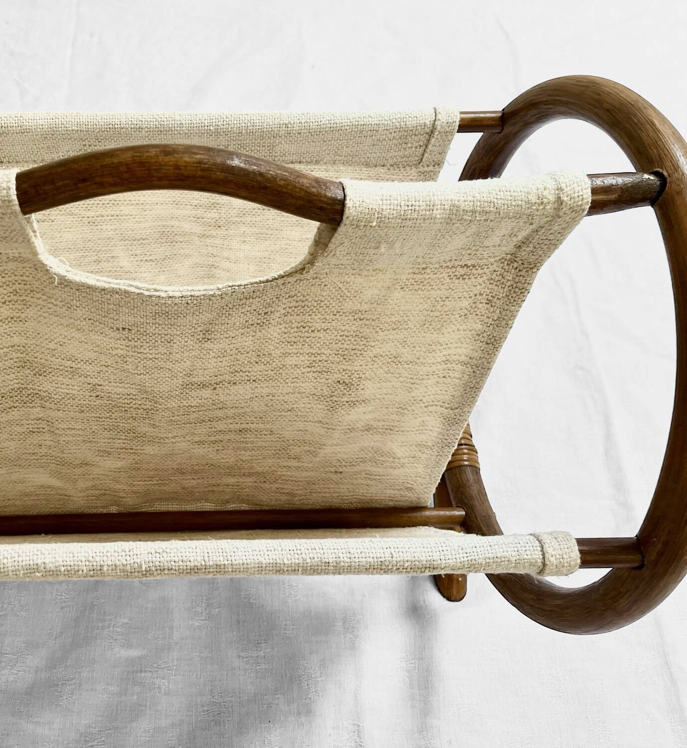 Vintage curved rattan magazine rack – 1960s