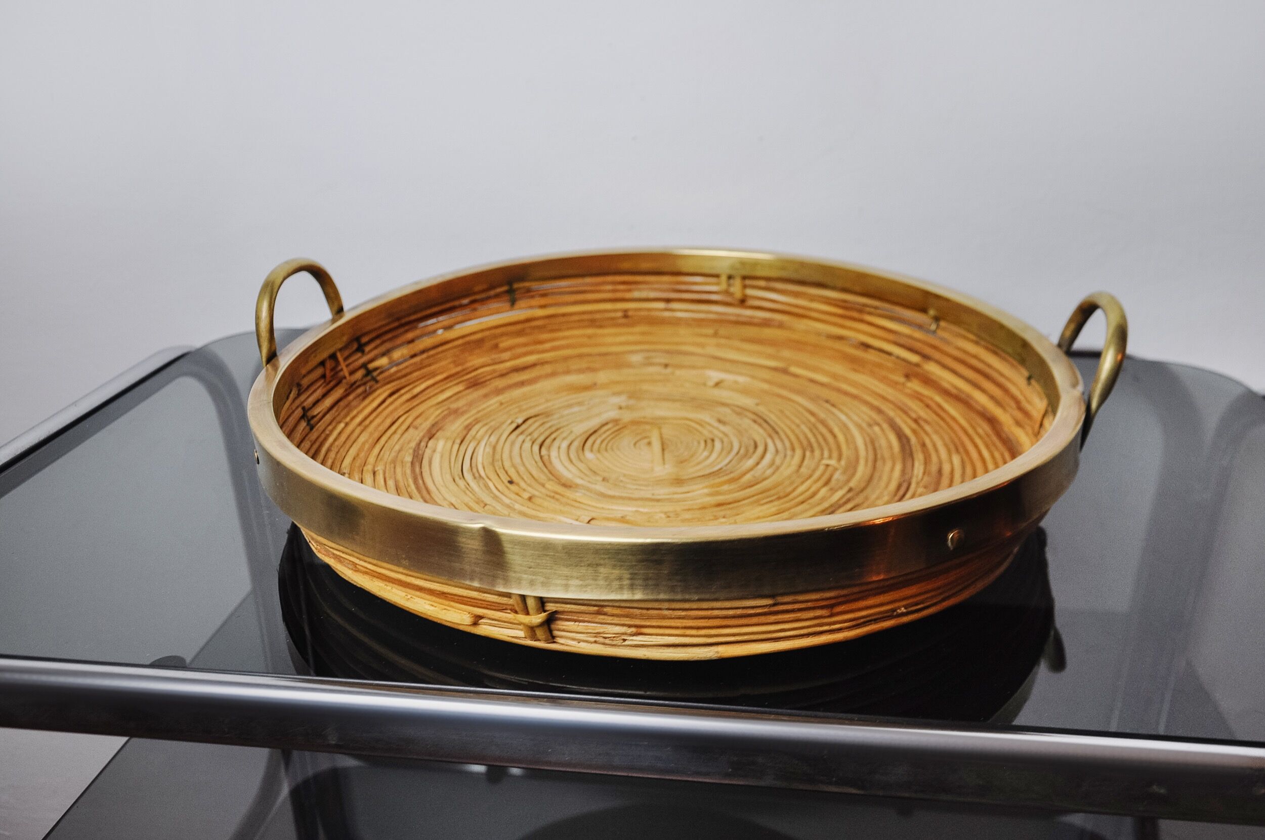 Rattan and brass basket, Italy, 1970