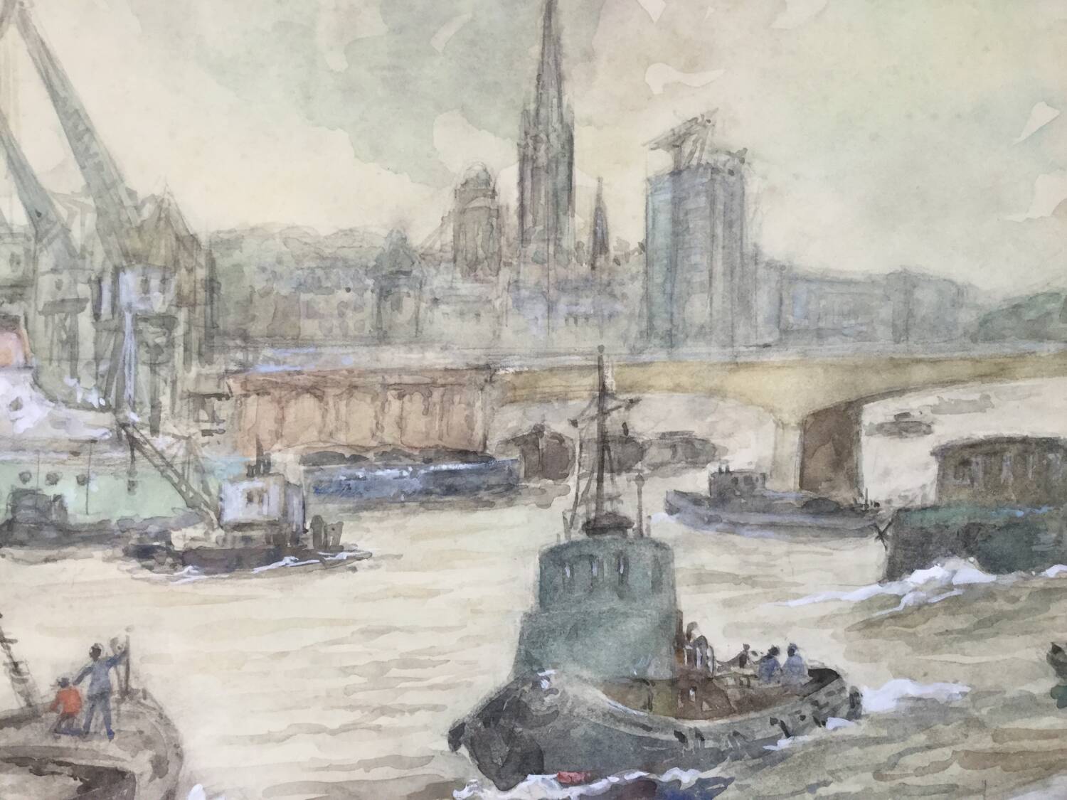 Watercolor by guy marc (1918-1995). port of rouen, 1974