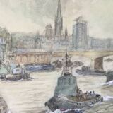 Watercolor by guy marc (1918-1995). port of rouen, 1974
