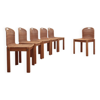 Chaises courbées en osier et bois années 1970, lot de 6
