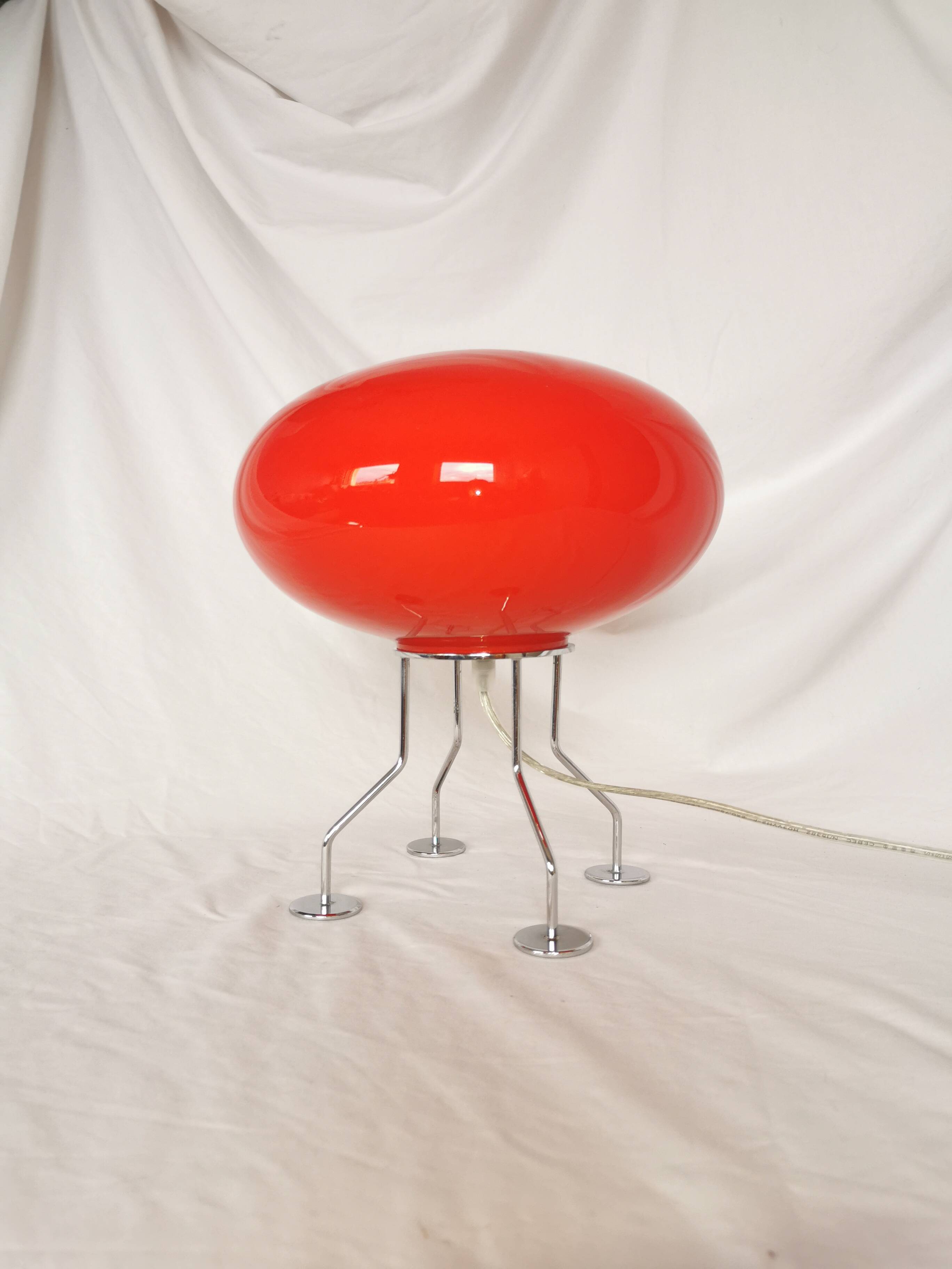 Red ufo mushroom lamp, space age, opaline and chrome steel.