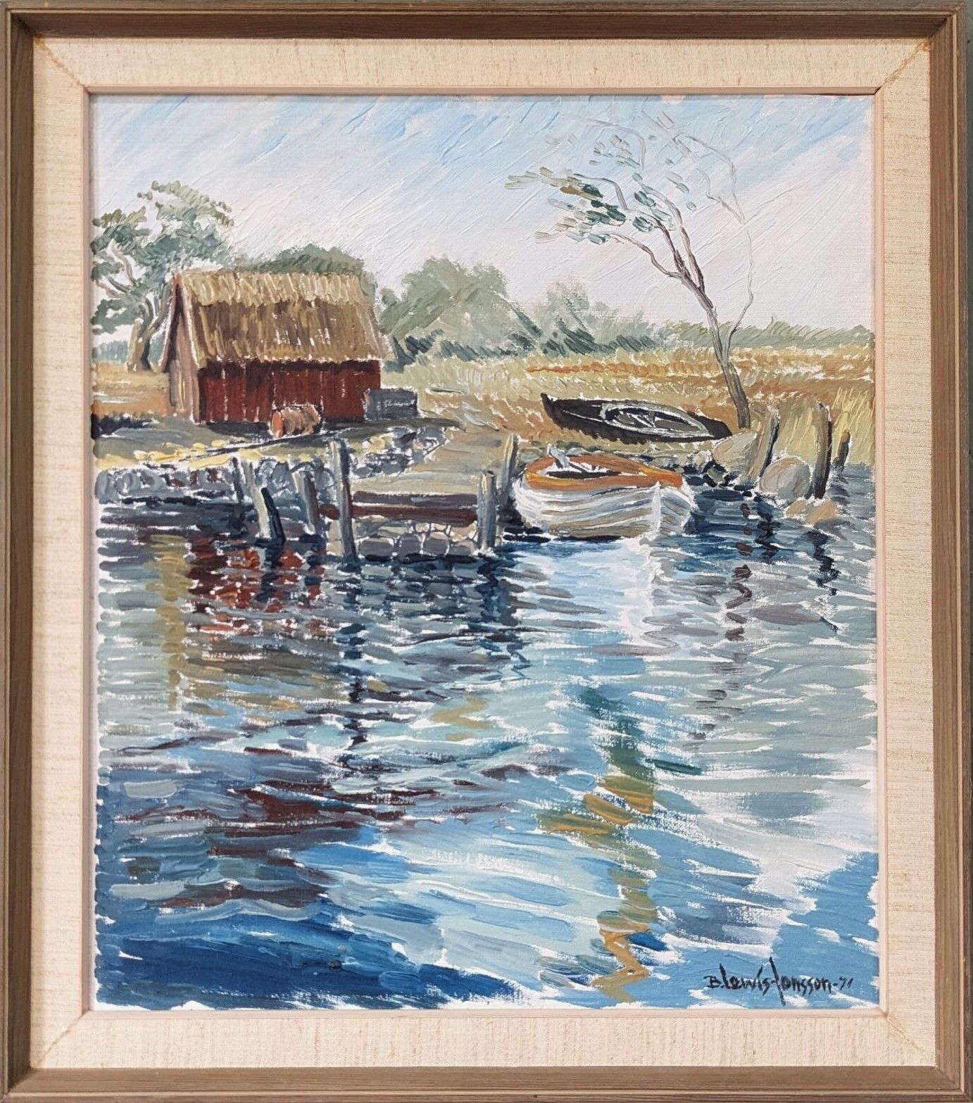1971 Mid-Century Modern "Boathouse", Vintage Swedish Framed Oil Painting
