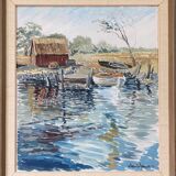 1971 Mid-Century Modern "Boathouse", Vintage Swedish Framed Oil Painting
