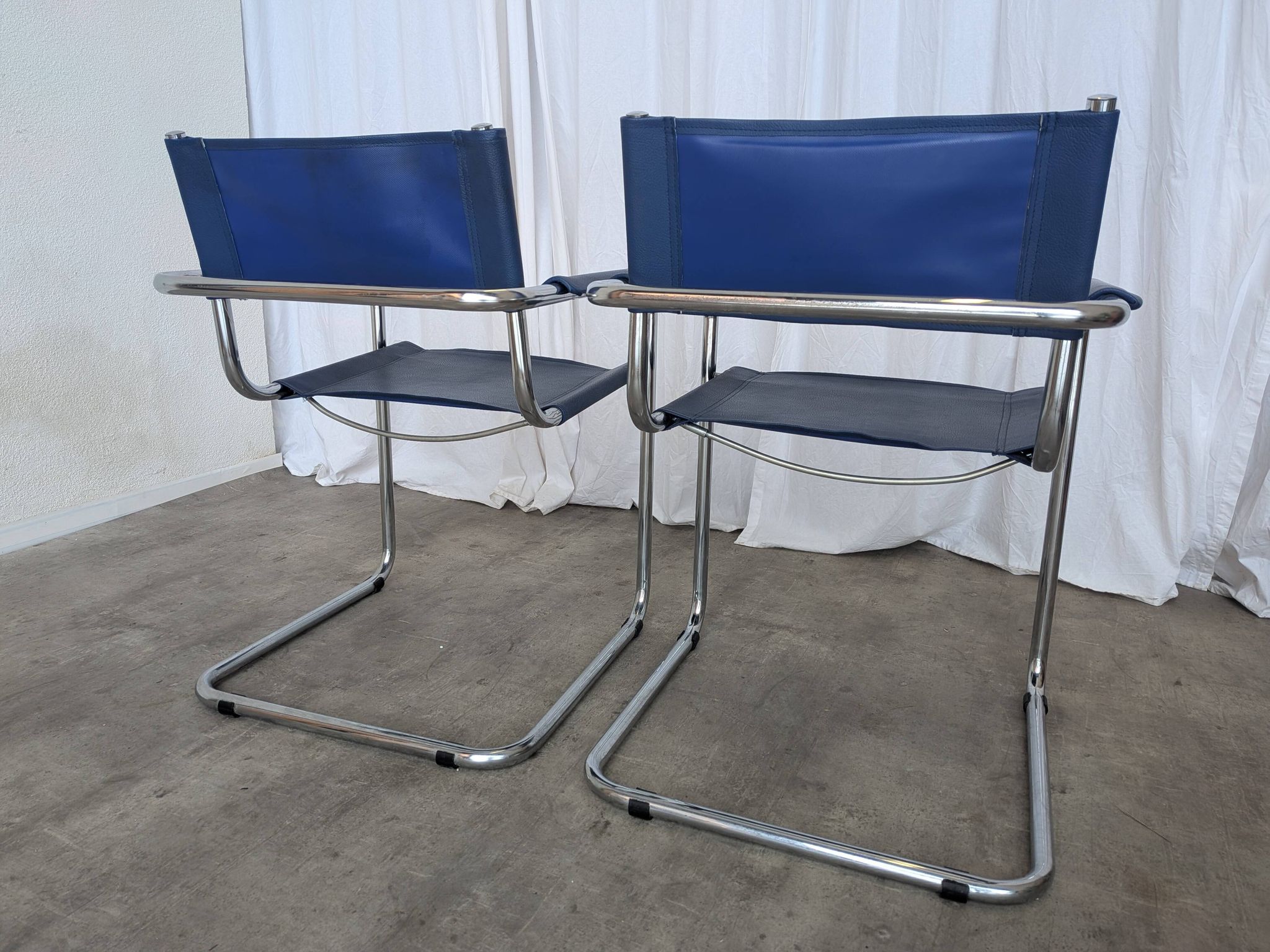 Set of 2 Vintage Mart Stam Style S34 Chair: Blue Leather, Bauhaus Design