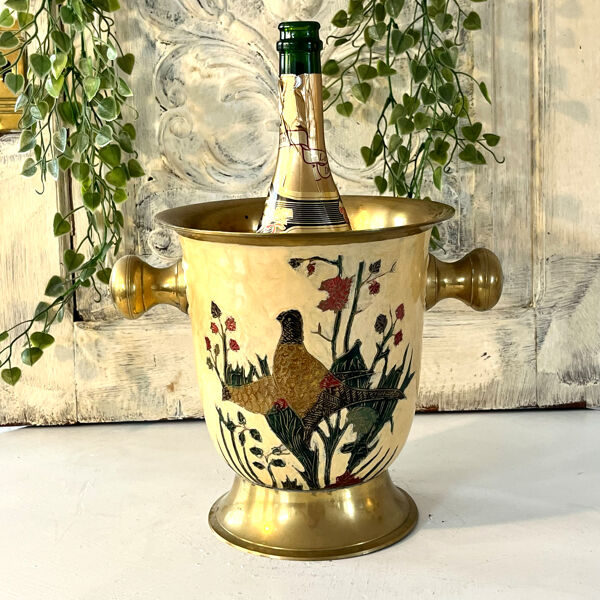 Seau à glace Cloisonné, vintage français en émail pêche avec motif floral de faisan.