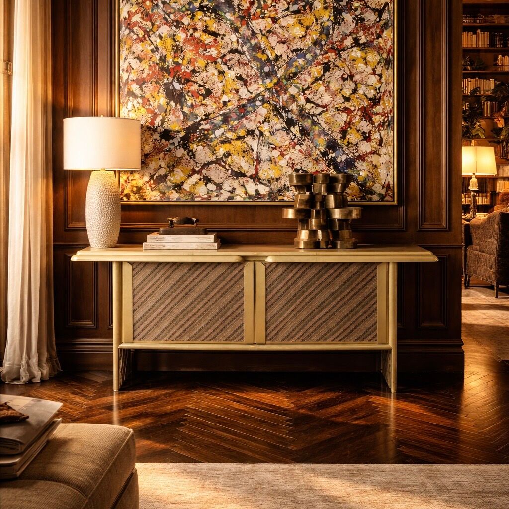 Sideboard in parchment and Missoni fabric by Angelo Mazzola for Salpol, 1980