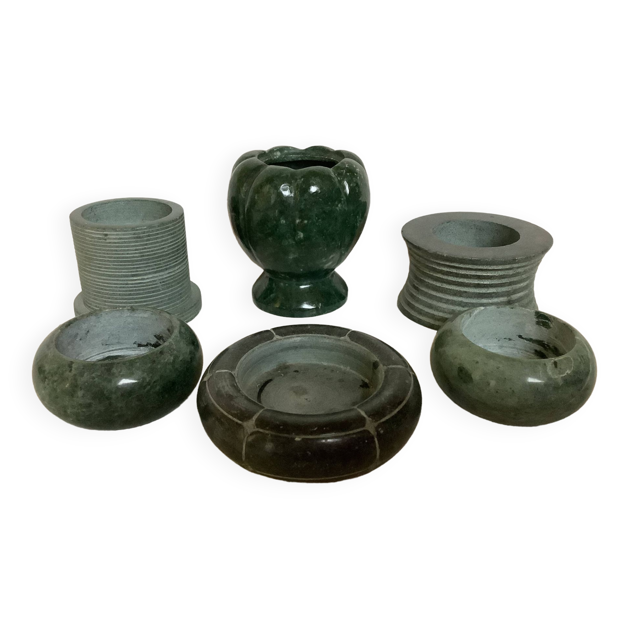 Six green marble candle holders