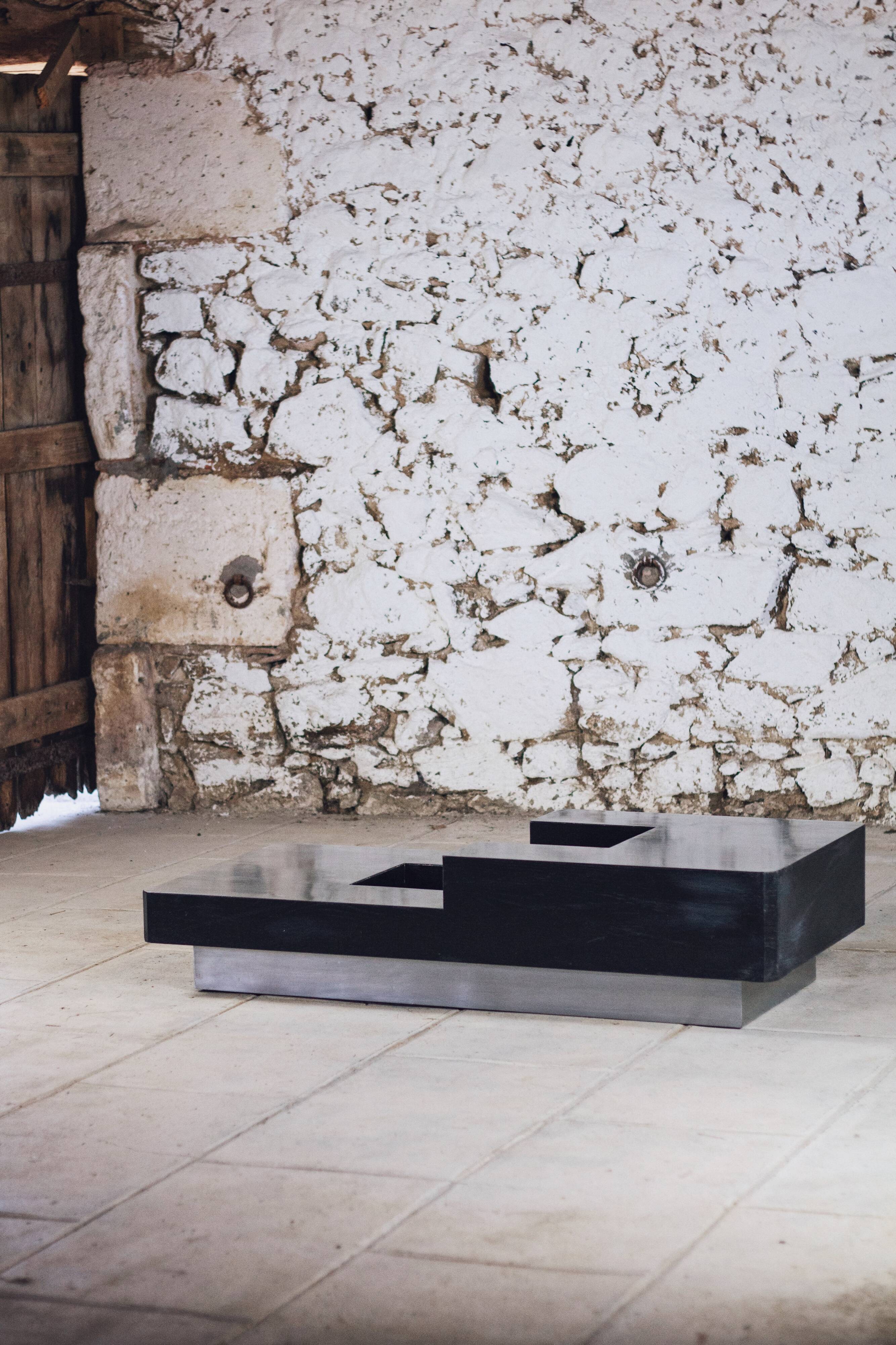wood and steel bar coffee table, 1980