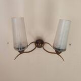 Two-light wall sconce in gilded metal with opaque glass shades, 1950/1960