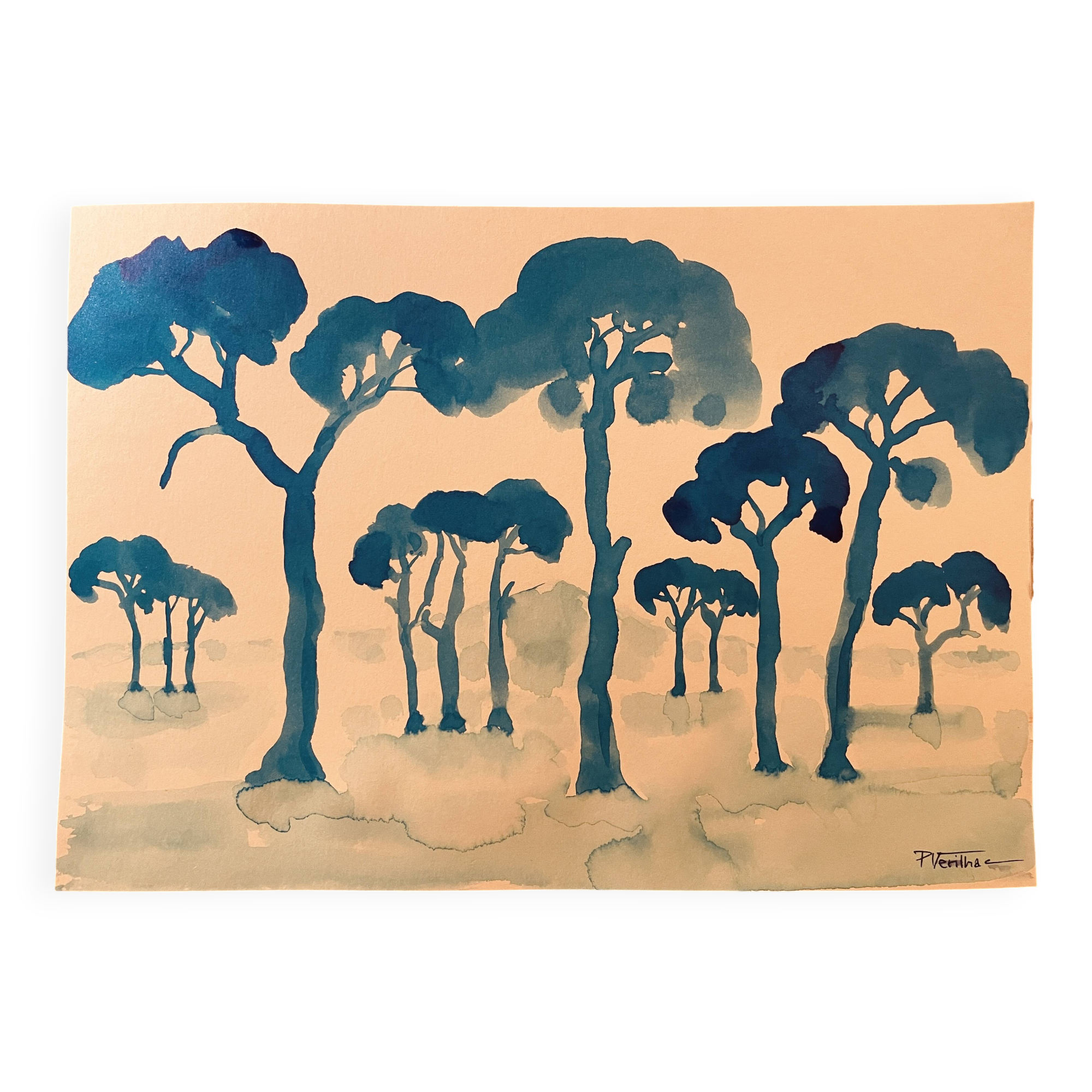 Tableau signé aquarelle coucher de soleil sur le Mont Ventoux Provence