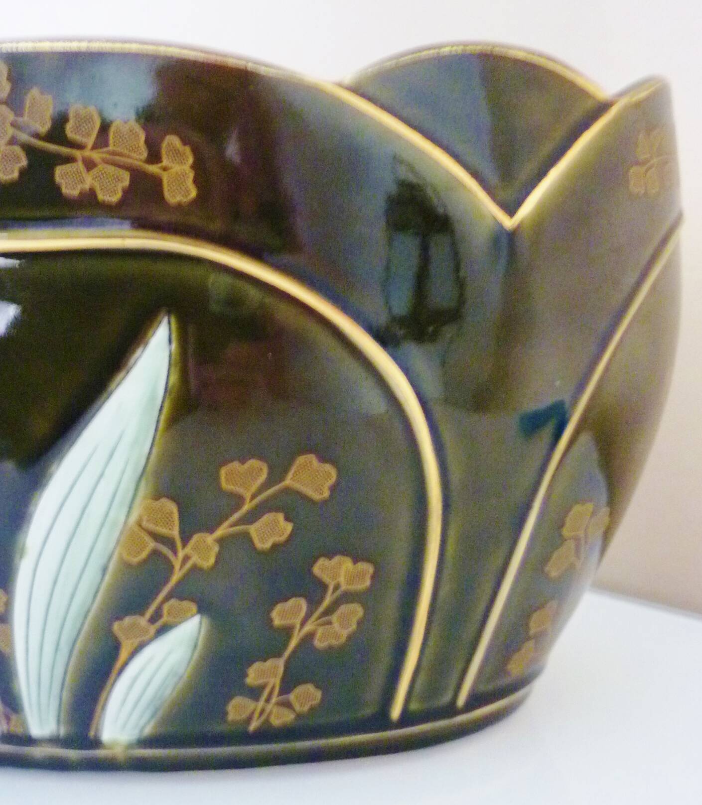 Planter, art nouveau, iris, enameled ceramic, signed Gustave De Bruyn, Fives-Lille