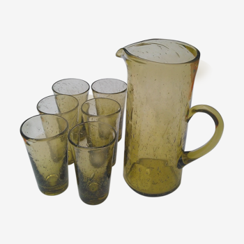 Set de 6 verres et pichet Biot verre bullé vert olive