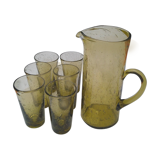 6 glasses and pitcher BIOT olive green bulled glass