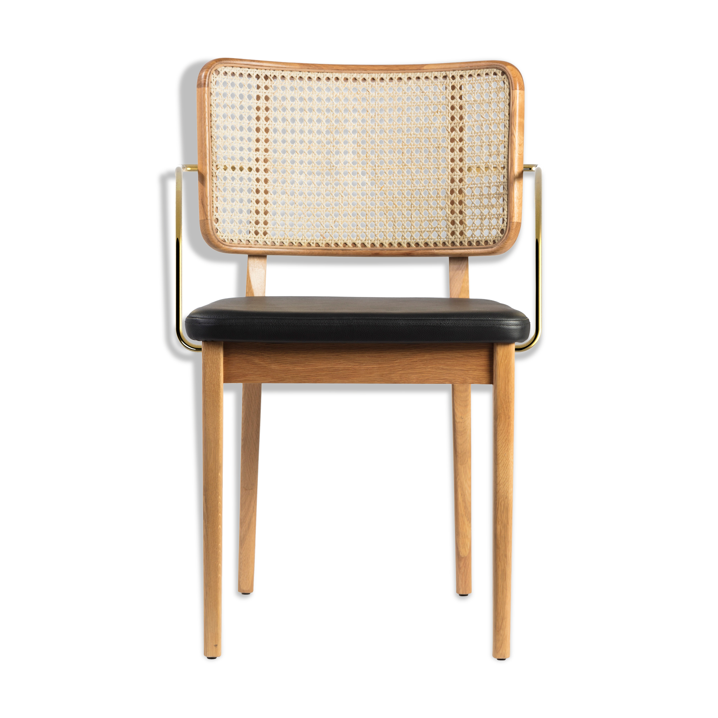 Natural wood black leather canning chair with armrests