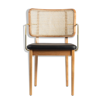 Natural wood black leather canning chair with armrests