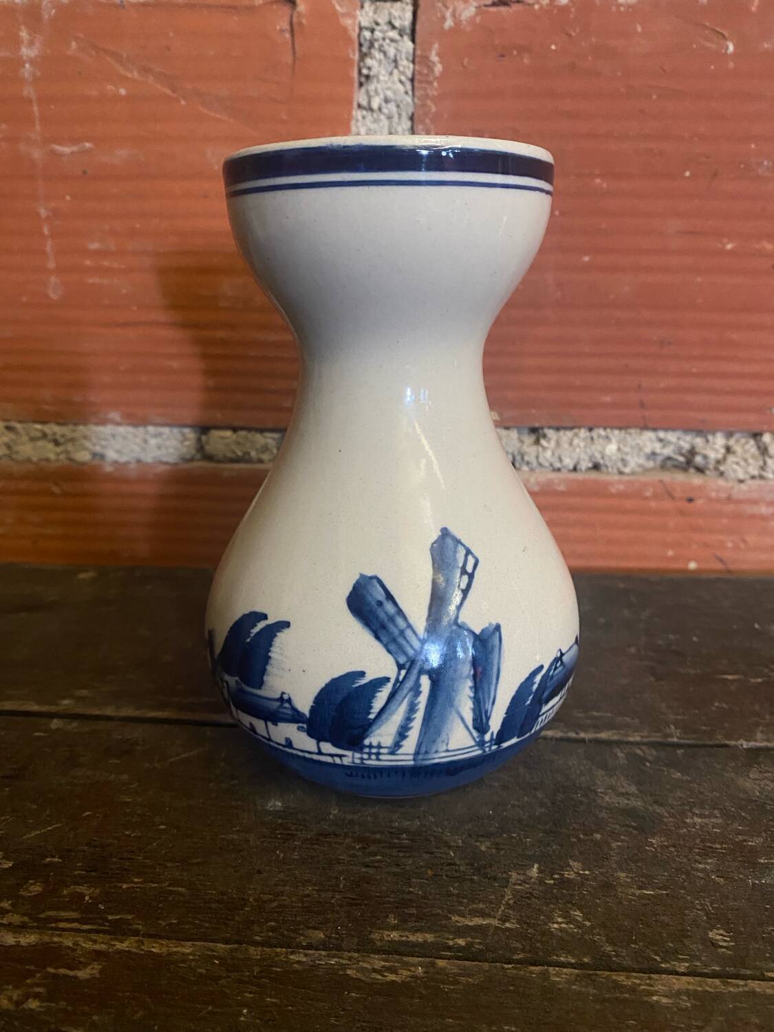 Antique DELFT Vase White Ceramic Blue Decor Vintage Mill #D573