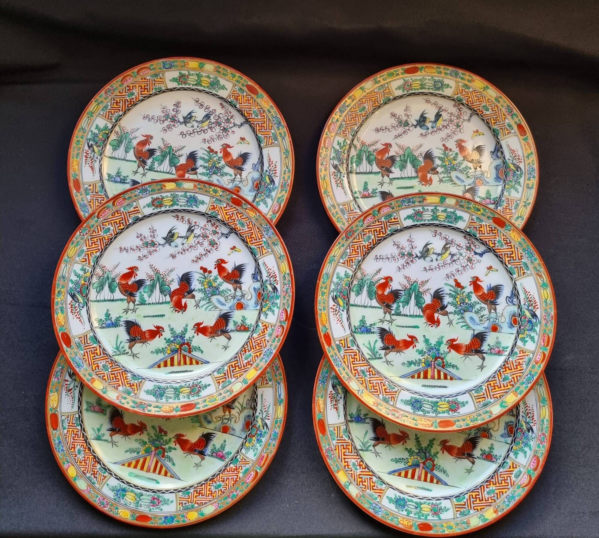 Set of 6 vintage Chinese porcelain plates from Macau (1970) hand painted