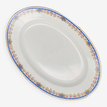 Oval Limoges porcelain serving dish Blue border and small pink flowers – MSFP1