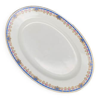 Plat de service ovale porcelaine de Limoges Liseré bleu et petites fleurs roses– MSFP1
