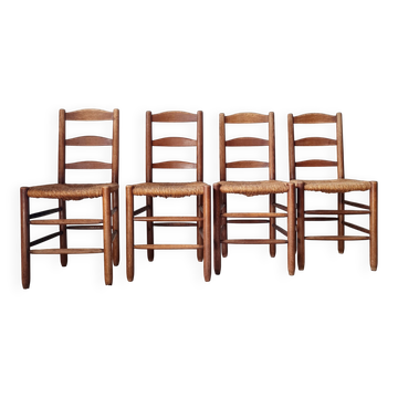 Suite de 4 chaises rustiques en chêne massif et paille