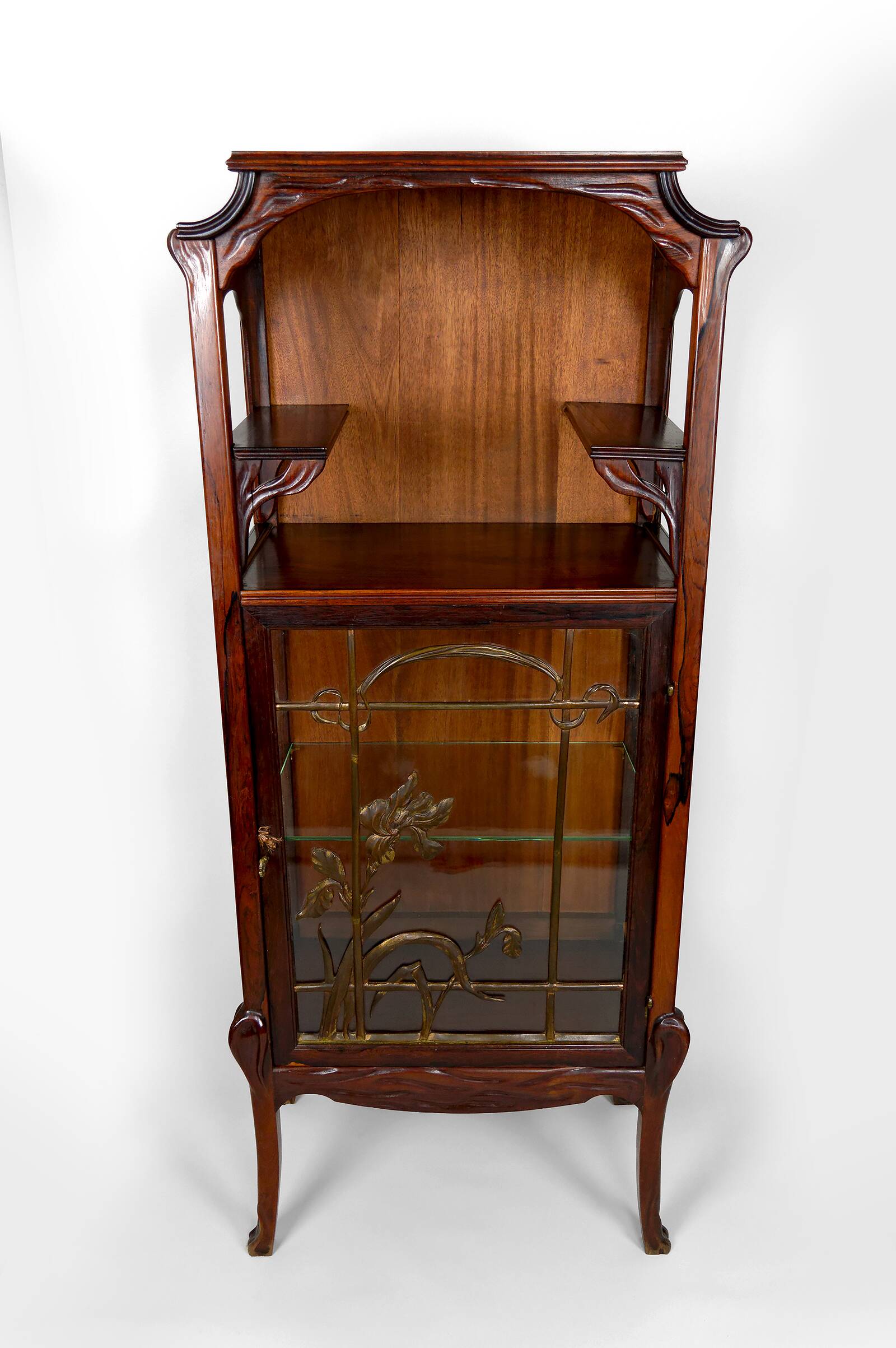 Art Nouveau Display Case, Bronzes and Carved Wood on a Lake Theme, 1900