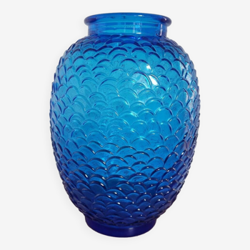 Vase écailles art déco verre bleu