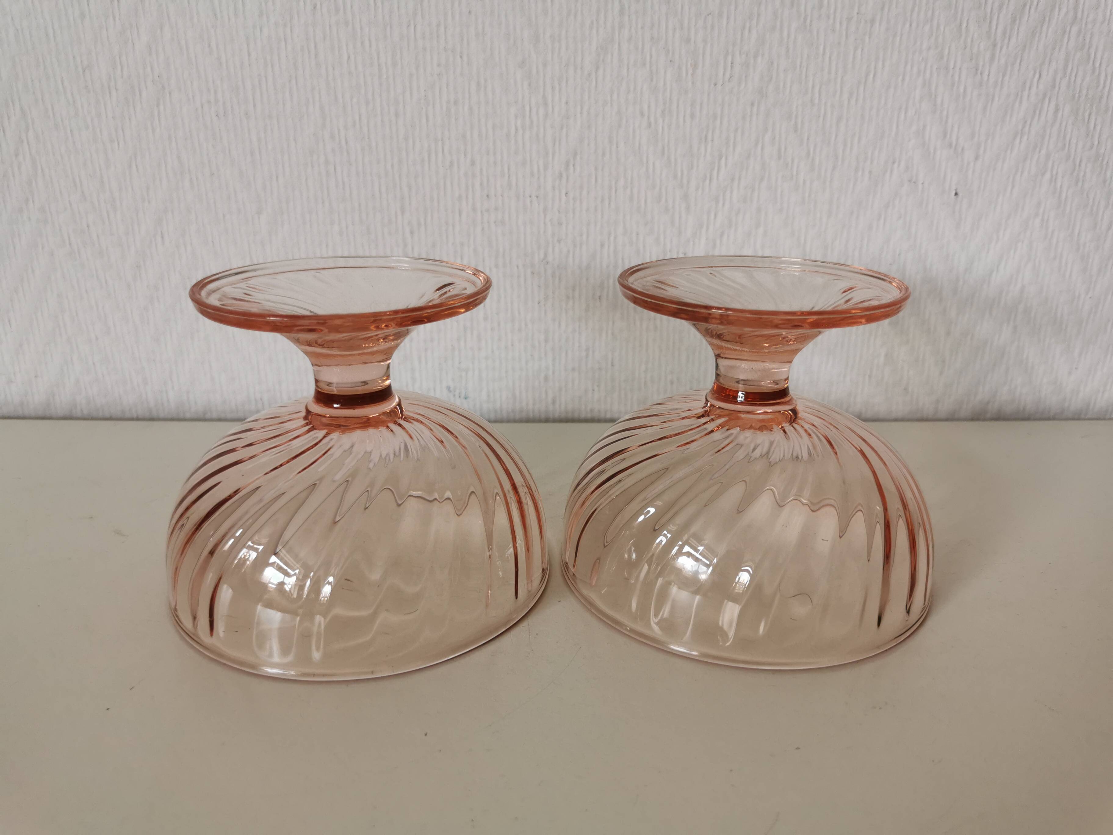 Pair of pink rosaline swirl glass fruit bowls
