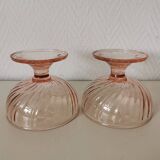Pair of pink rosaline swirl glass fruit bowls