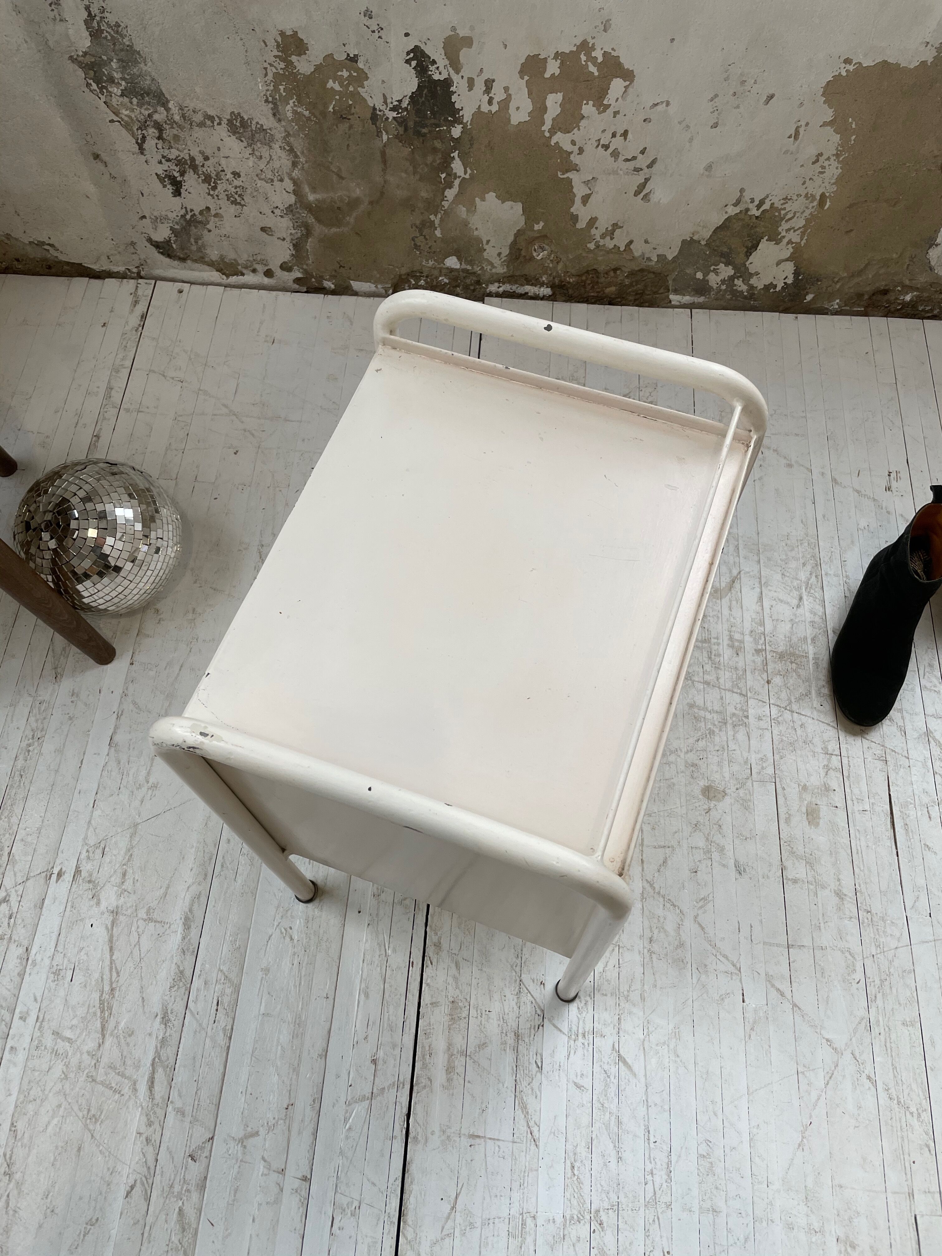 Industrial white metal bedside