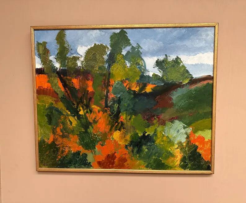 Swedish Oil on Canvas "Autumn Landscape" by Stig Hallblom, Vintage & Framed