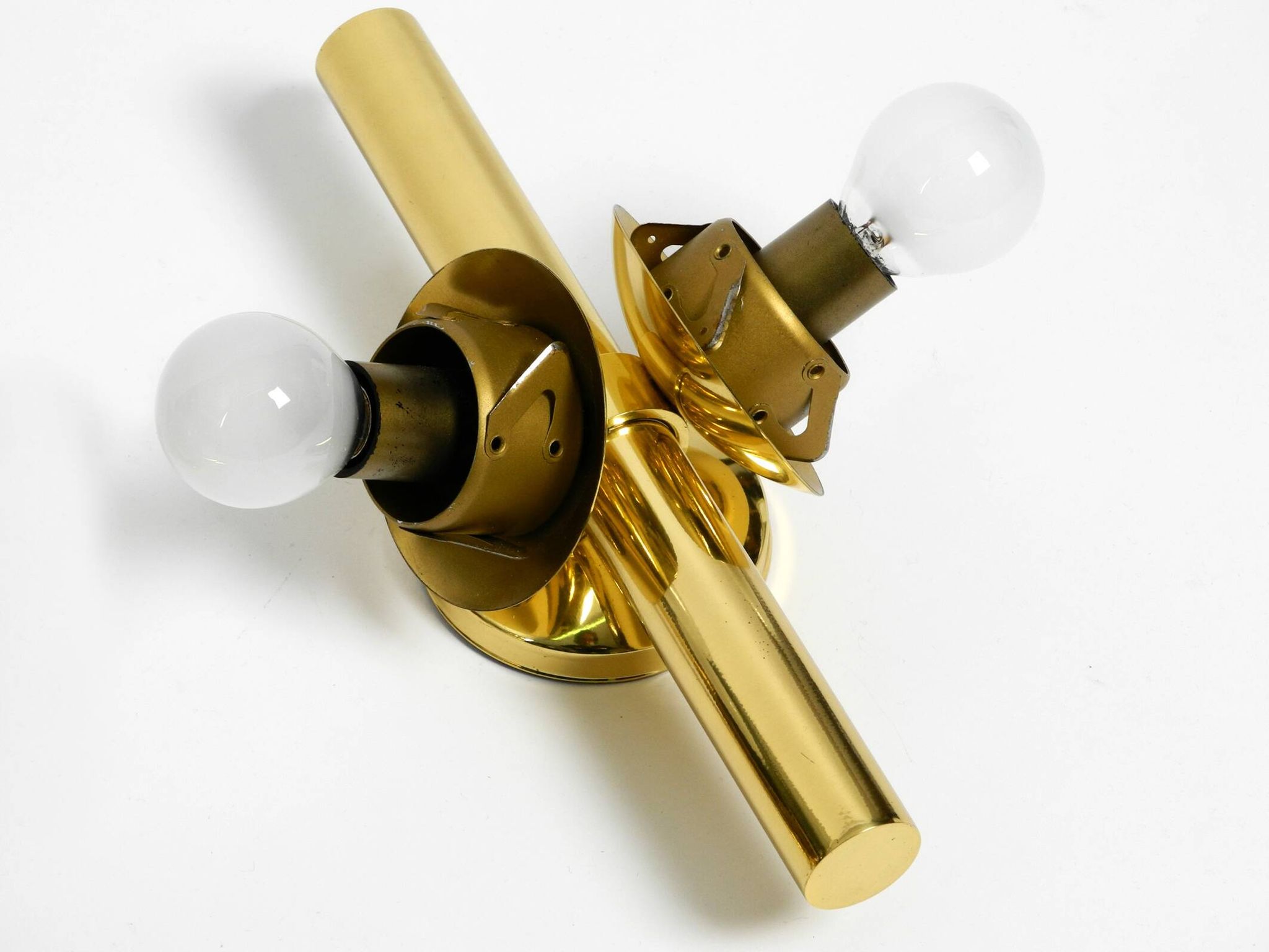Pair of beautiful 60s Kaiser brass wall lamps with two golden glass spheres
