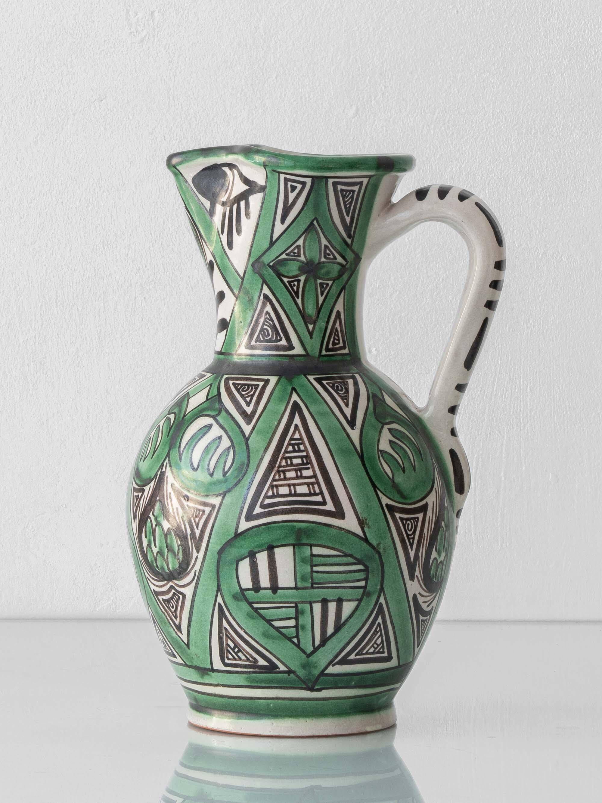 Spanish ceramic pitcher from the mid-century Mudéjar style in green and black, Punter.