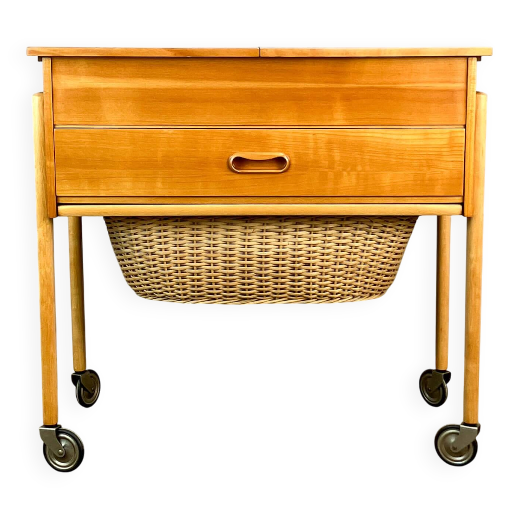 Wheeled sewing box, pear wood, beech, wicker, 1960s