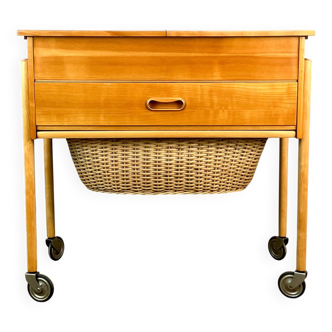 Wheeled sewing box, pear wood, beech, wicker, 1960s
