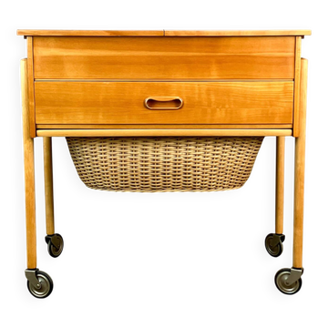 Wheeled sewing box, pear wood, beech, wicker, 1960s