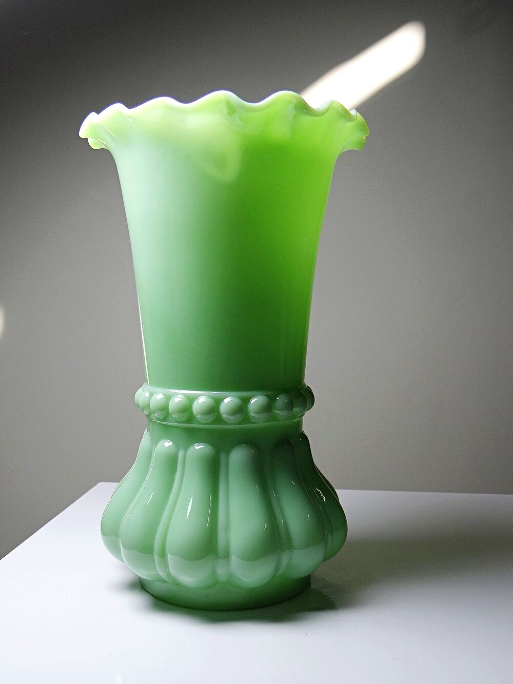 Large antique jade green opaline crystal vase, circa 1900-1930.