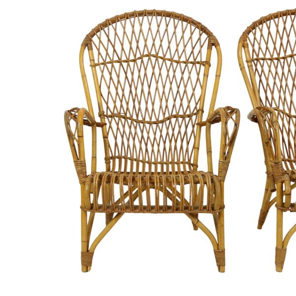 Ensemble vintage en rotin, chaises, fauteuils, table, design bohème, années 60
