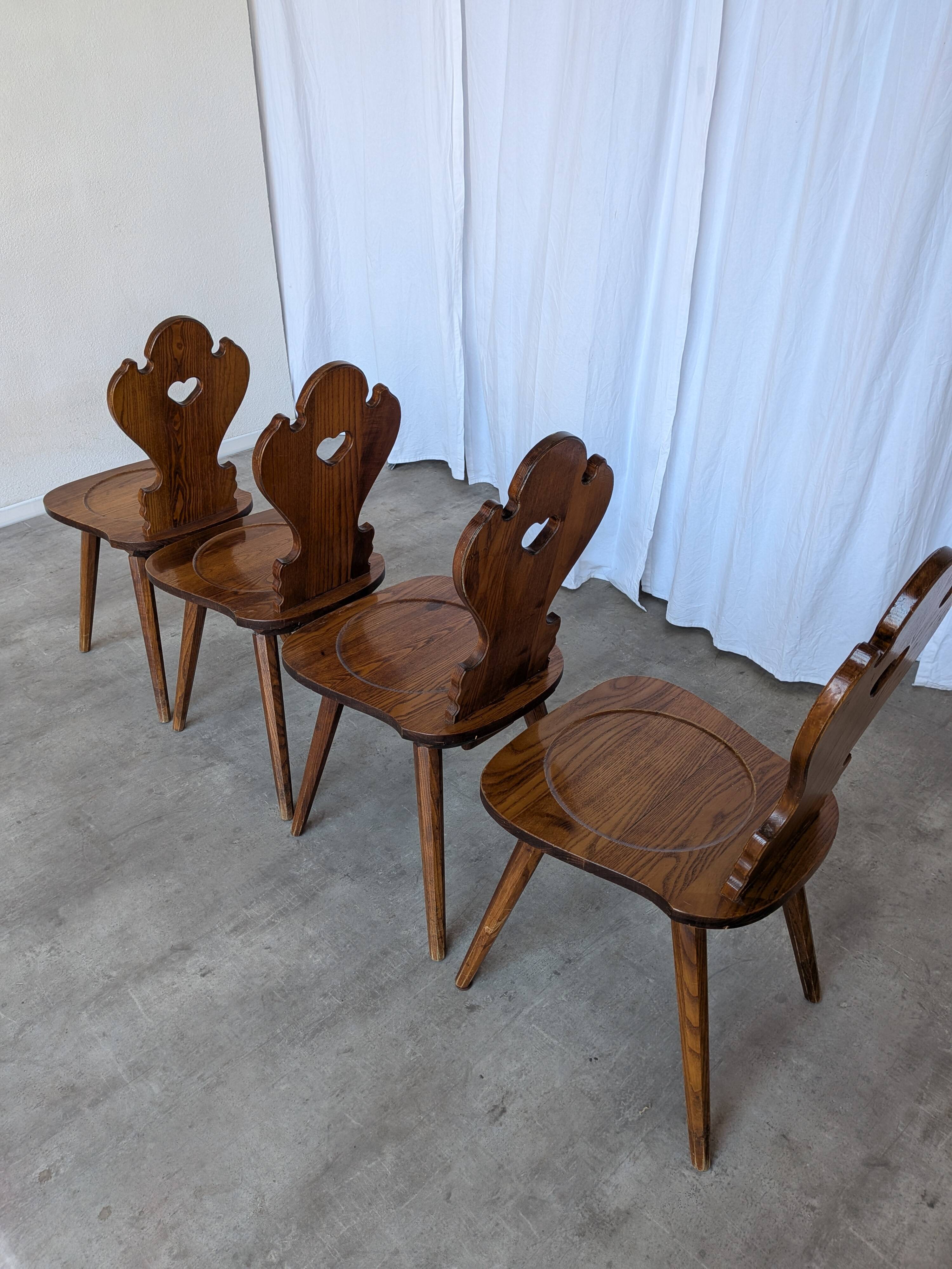 Set of 4 Farmhouse Tyrolean Chair with Heart Cutout Back / 1970s Vintage Di