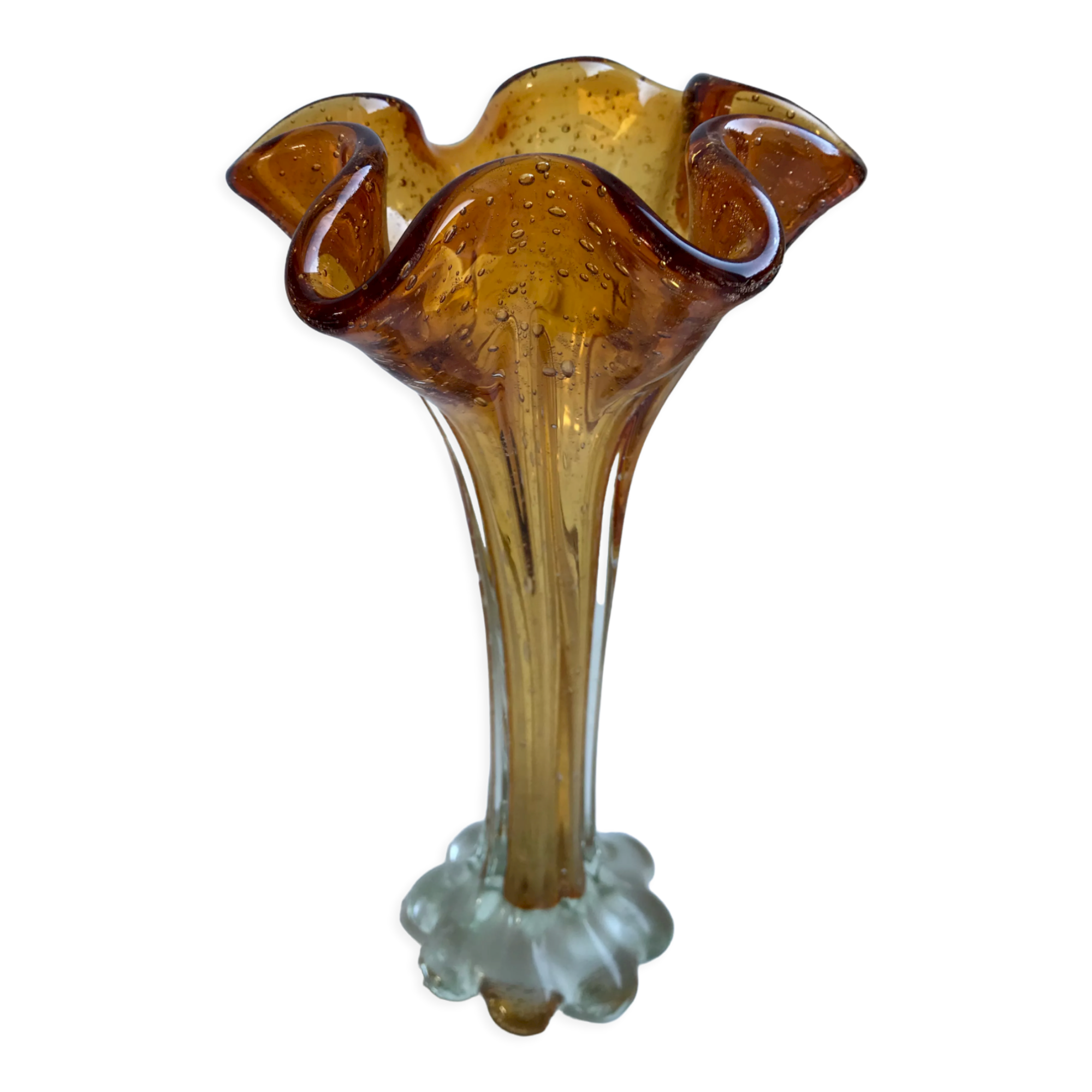 Vase corolle en verre de biot ambré années 60
