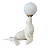 Lampe vintage otarie en céramique blanche et opaline