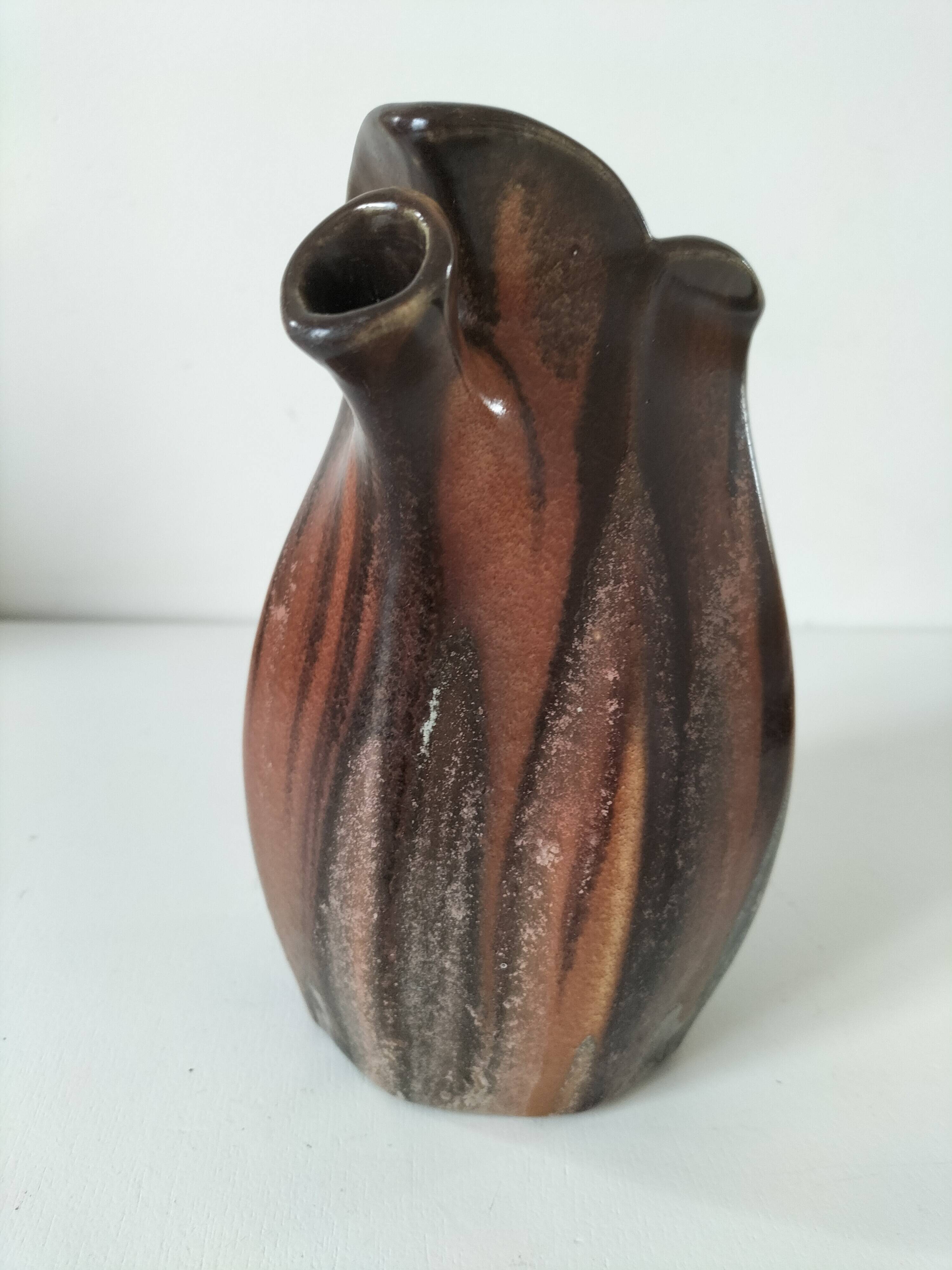 Vintage Belgian ceramic sculptural pitcher in chocolate brown.