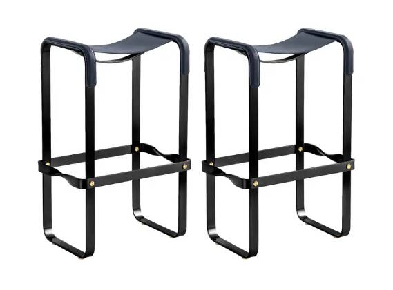 Pair of blue and black metal stools without a backrest.