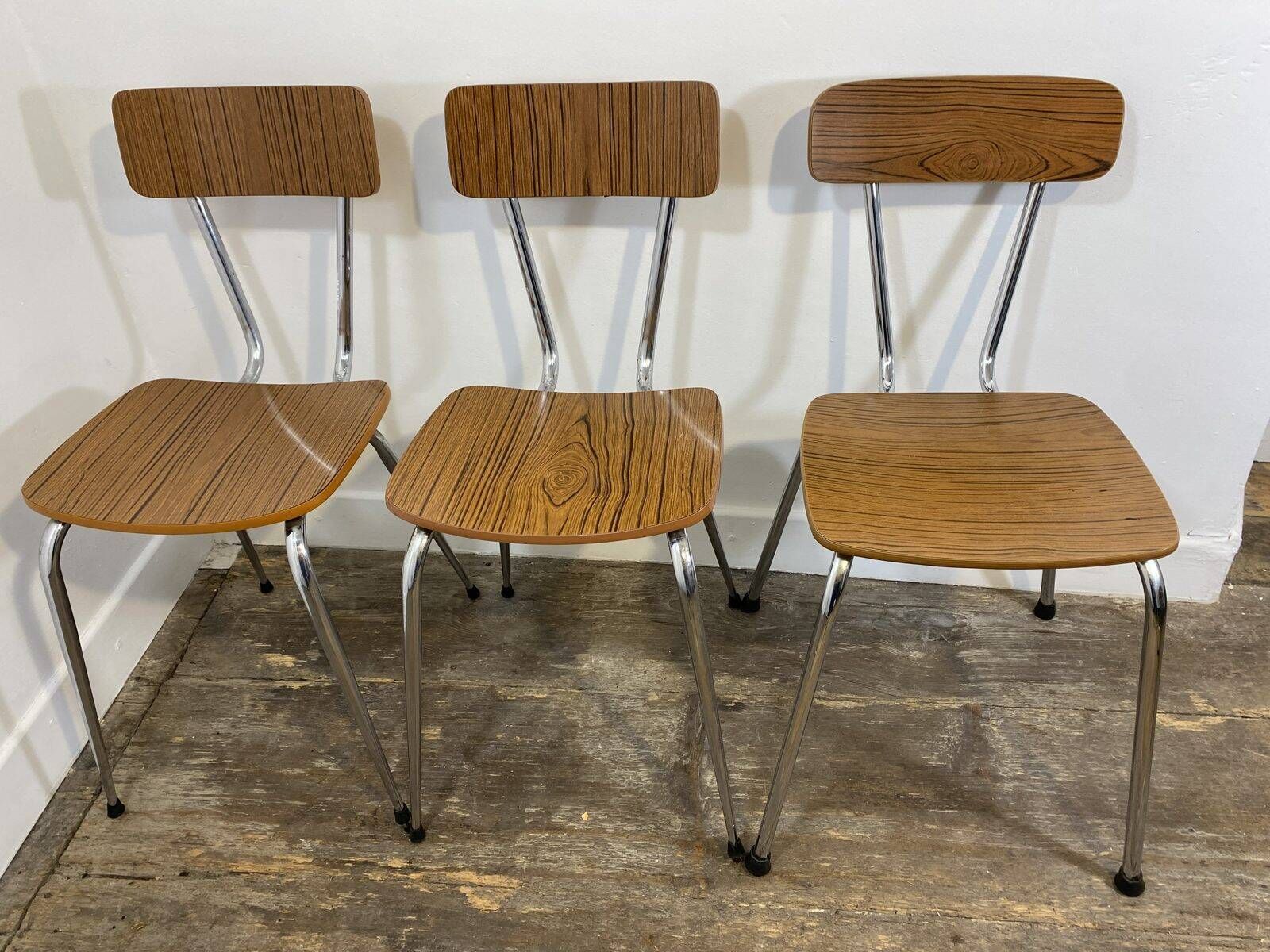 Set of 3 vintage French kitchen chairs, formica & chrome, 1960s-70s