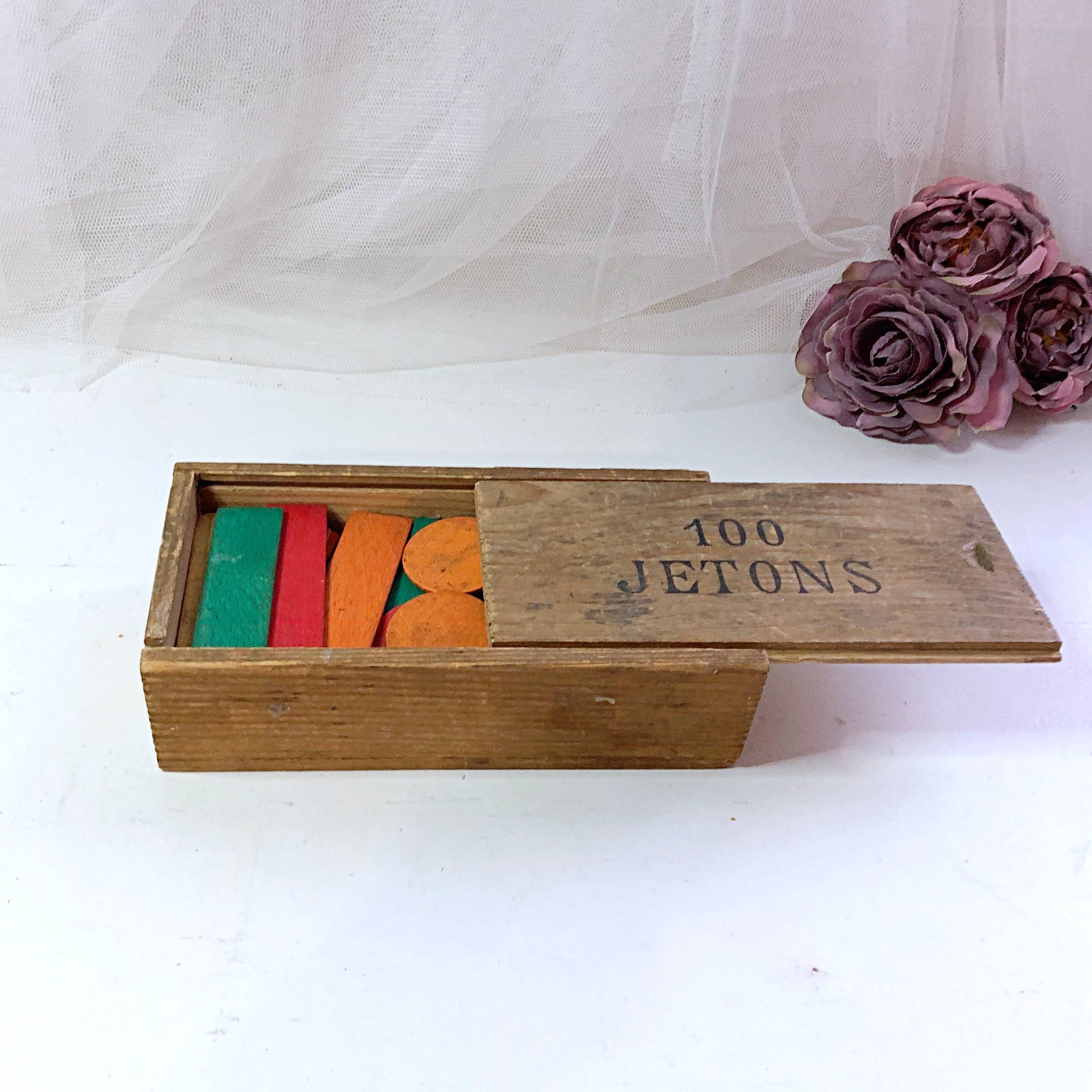 Boîte de 100 jetons en bois complète vintage France