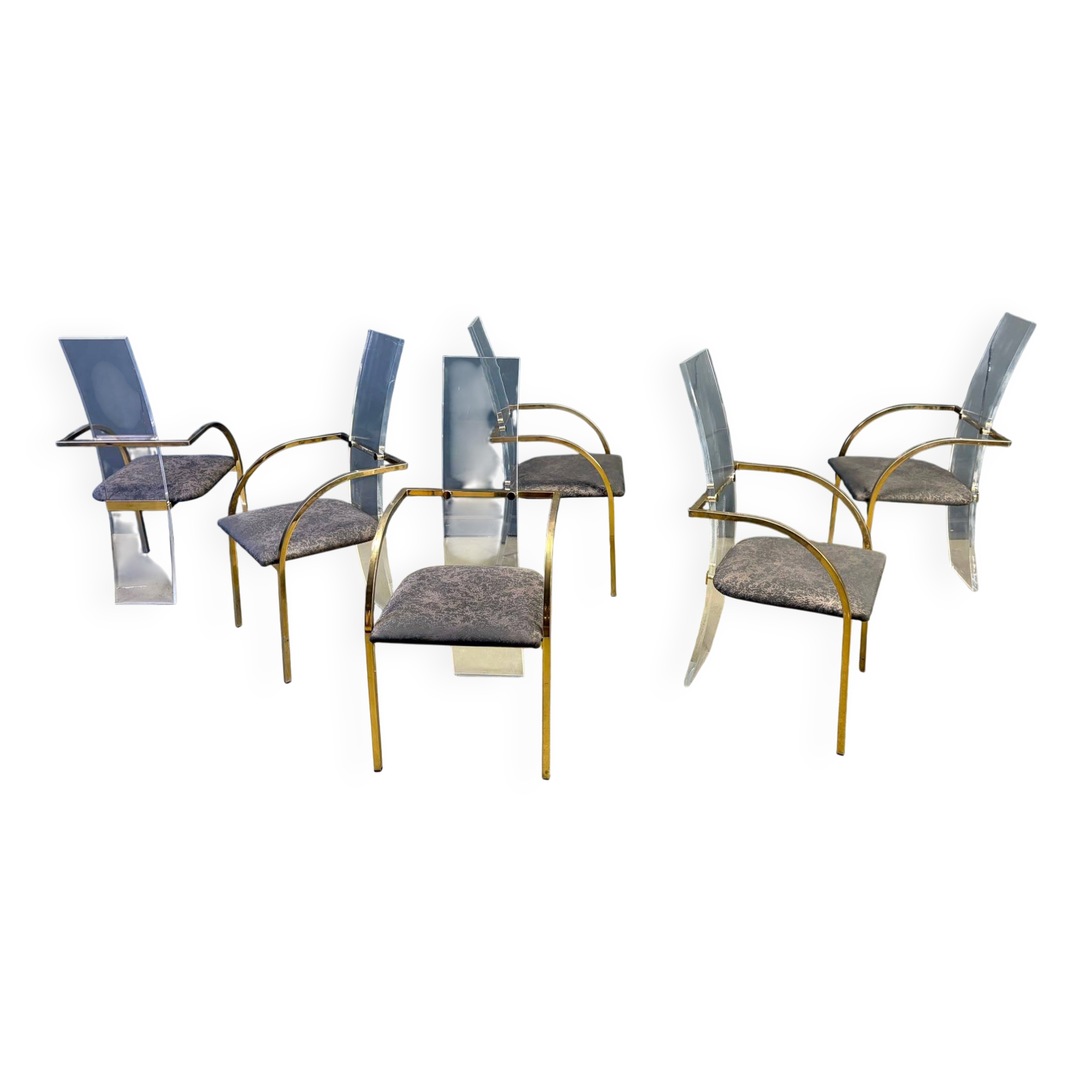 Chaises de salle à manger en plexiglas et laiton par Belgochrom, ensemble de 6 - années 1970